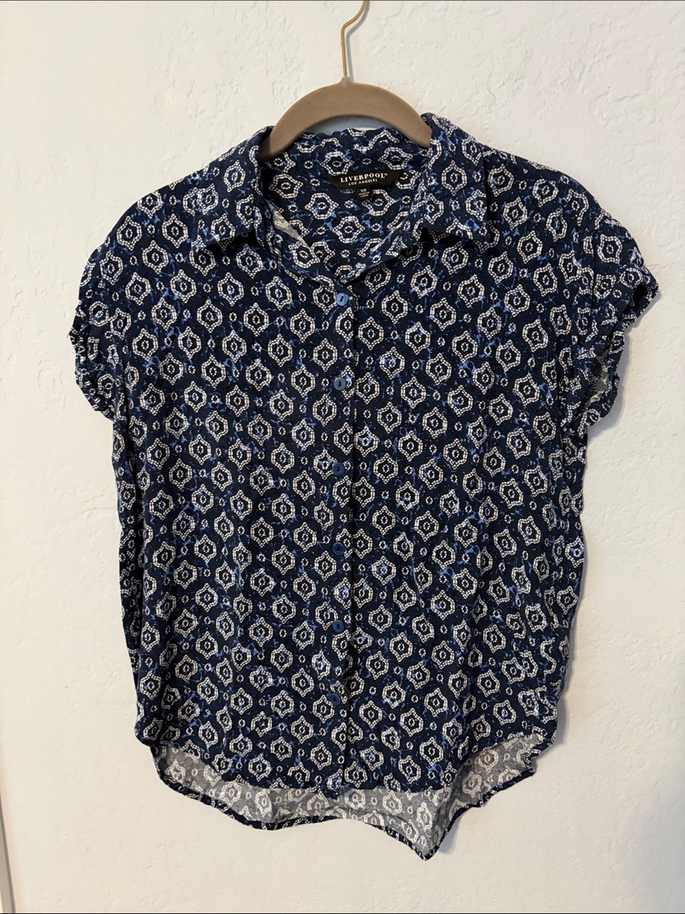 Liverpool Navy and White Geometric Short Sleeve Button-Down
